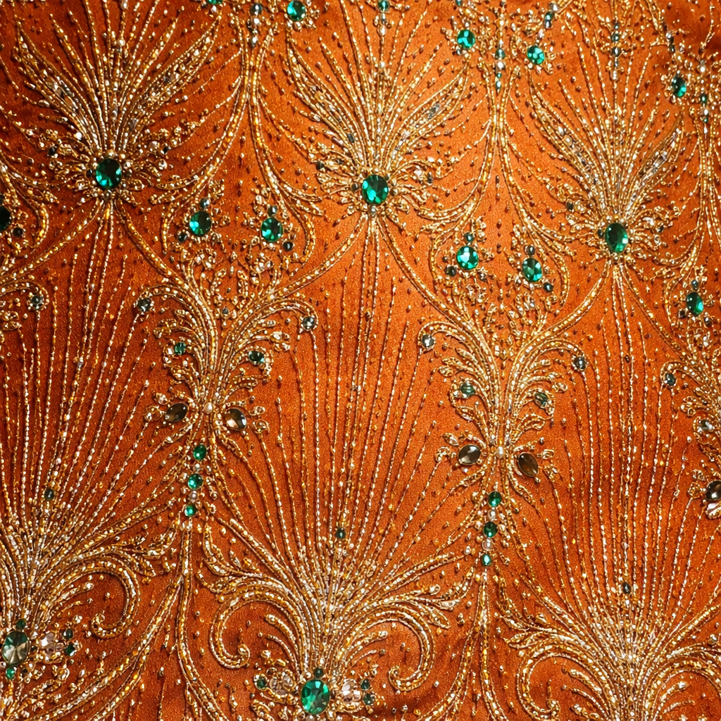 Heavy Embroidered Beaded Net Lace Fabric with Leaf Motifs